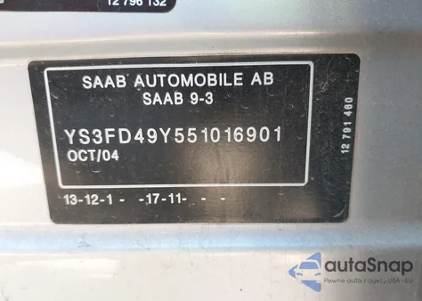 2005 Saab 9-3 Arc z USA, uszkodzony, nr VIN YS3FD49Y551016901